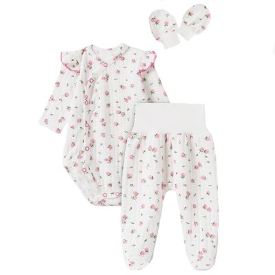 MBaby Bavlněná 3D sada, zavinovací body, polodupačky + rukavičky, Amélie, bílá/růžová