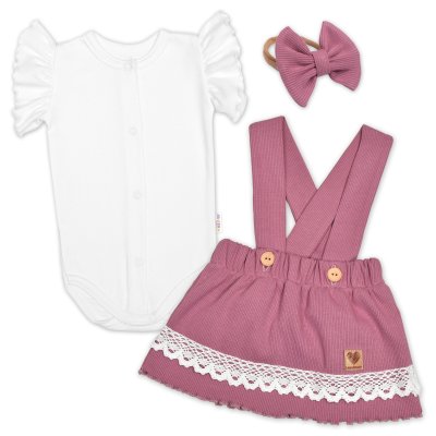 Baby Nellys 3D sada LADY, body kr. rukáv, suknička s láclem, čelenka, šeříková/bílá, 68
