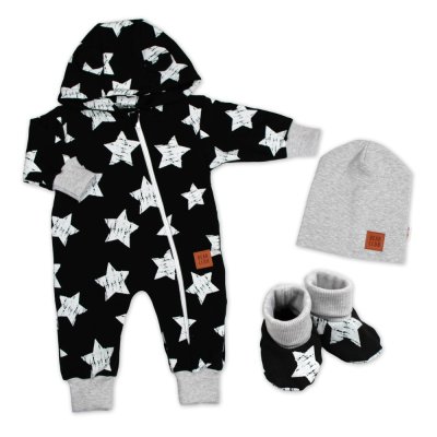 Baby Nellys Rostoucí teplákový overal, čepice, botky, 3D, Nature Star - černý, 68/74