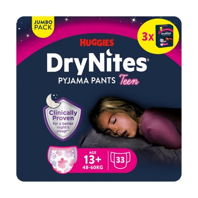 DryNites natahovací kalhotky na noc pro dívky JUMBO box 13+ let / 48-60kg / 3x11ks