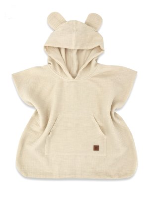 Baby Nellys Dětské mušelínové pončo lux s kapucí Teddy, rychleschnoucí, béžové, 110/122
