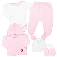 Baby Nellys Žebrovaná sada, Star 5D, body, polodupačky, kabátek, čepička - růžová, bílá,68