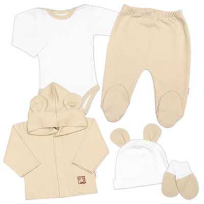 Baby Nellys Žebrovaná sada, Star 5D, body, polodupačky, kabátek, čepička - bílá béžová, 68