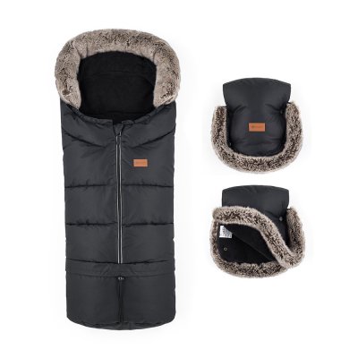 Petite&Mars Set zimní fusak Arctic 4v1 + rukavice na kočárek Furry Forever Black
