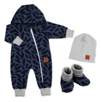 Baby Nellys Rostoucí teplákový overal, čepice, botky, 3D, Nature - jeans pírka, 80/86