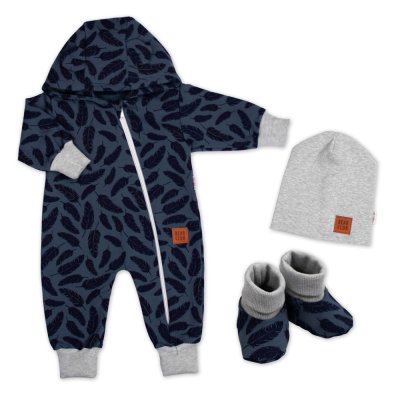Baby Nellys Rostoucí teplákový overal, čepice, botky, 3D, Nature - jeans pírka, 80/86