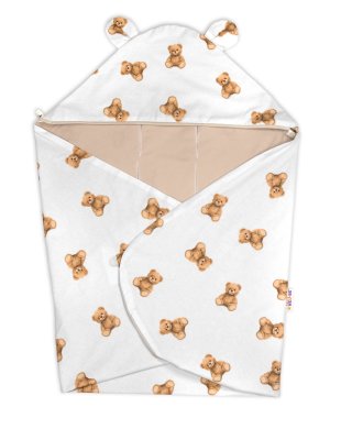 Baby Nellys Zavinovací deka s kapucí bavlna, 90x90cm, Míša - bílá s potiskem