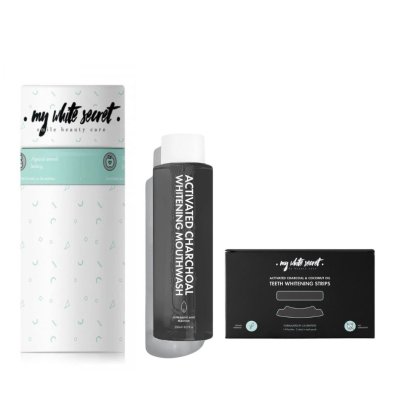 My White Secret Balíček Aktivní uhlí (bělící pásky + ústní voda)