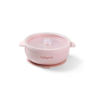 Babyono Silikonová miska s přísavkou a víčkem  - růžová