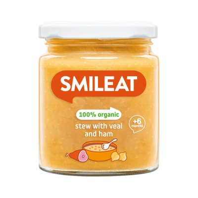 Smileat BIO příkrm telecí maso se šunkou a zeleninou s extra panenským olivovým olejem 6M+ 230 g