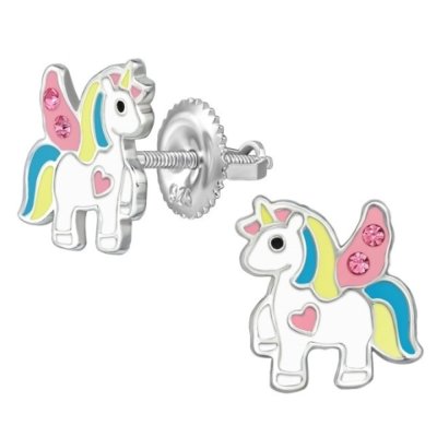 SILVER Dětské stříbrné náušničky Jednorožec Angel Love, se šroubovací puzetou