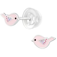 SILVER Dětské stříbrné náušničky premium Ptáček růžový, puzetové, silikon