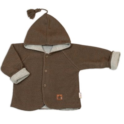 Baby Nellys Pletený dětský kabátek s  kapucí Star, oboustranný - hnědý, béžový, vel. 86