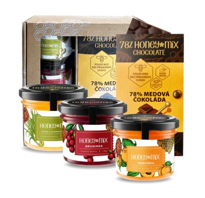 HoneyMix Dárková sada medů s medovou čokoládou 3x140 g + 1x60 g