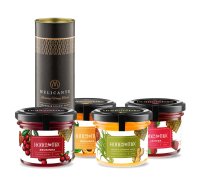 HoneyMix Dárková sada medů Brusinka, meruňka, jahoda a zázvor 4x140 g