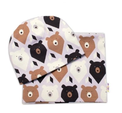 Baby Nellys Dvouvrstvá čepice + komínek Medvědi, hnědá/smetanová, vel. 92/98 vel.  92/98