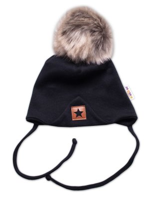 Baby Nellys Zimní,podzimní bavlněná dvouvrstvá čepice s bambulí Star, černá