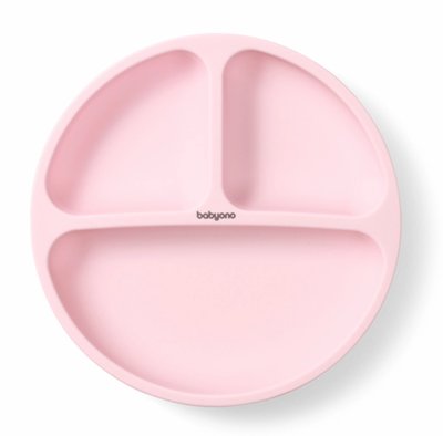 Babyono Silikonový talíř pro děti, tříkomorový s přísavkou - růžový