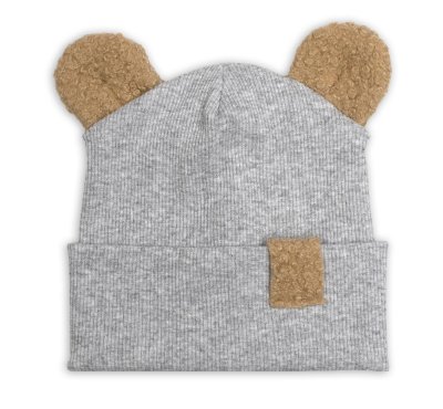 Baby Nellys Dvouvrstvá žebrovaná čepička s oušky boucle medvídek - šedý melír