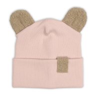 Baby Nellys Dvouvrstvá žebrovaná čepička s oušky boucle medvídek - růžová, 68/74