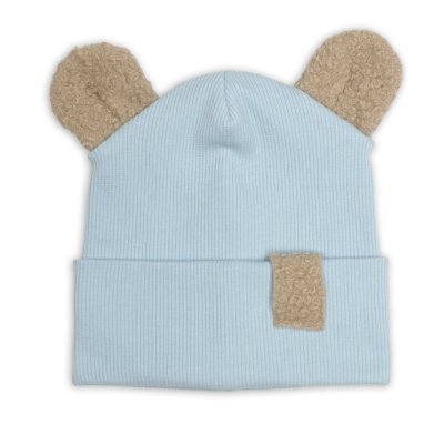 Baby Nellys Dvouvrstvá žebrovaná čepička s oušky boucle medvídek - modrá, 68/74
