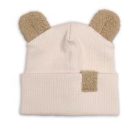 Baby Nellys Dvouvrstvá žebrovaná čepička s oušky boucle medvídek - béžová, 80/86