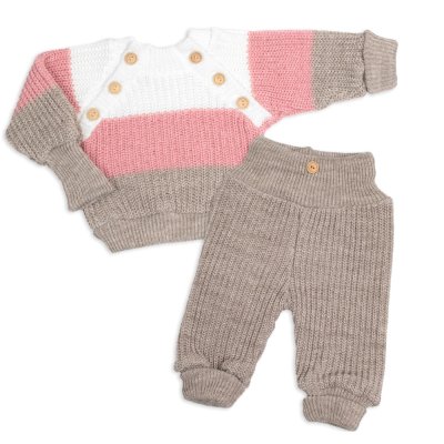 Baby Nellys Rostoucí pletený svetřík a kalhoty s knoflíčky Girl, 2D - proužky