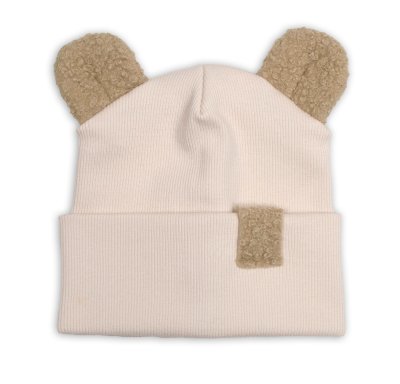 Baby Nellys Dvouvrstvá žebrovaná čepička s oušky boucle medvídek - béžová, 68/74