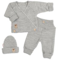 Baby Nellys Rostoucí pletený zavinovací svetřík, kalhoty a čepice, 3D - šedá, vel.56/62