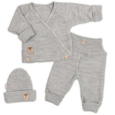 Baby Nellys Rostoucí pletený zavinovací svetřík, kalhoty a čepice, 3D - šedá, vel.56/62