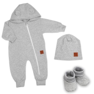 Baby Nellys Rostoucí teplákový overal pro miminko, čepice, botky, 3D, Nature - šedý melír