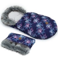 Mamo Tato Zimní fusak Lux s kožešinkou + rukávník, Květy Neon, 50 x 100cm - šedý/granát