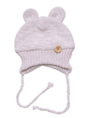 Baby Nellys Pletená čepice s oušky na zavazování Made with Love, béžový melírek, vel. 80/86