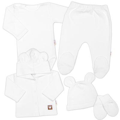 Baby Nellys Žebrovaná sada, Star 5D, body, polodupačky, kabátek, čepička - bílá, 74
