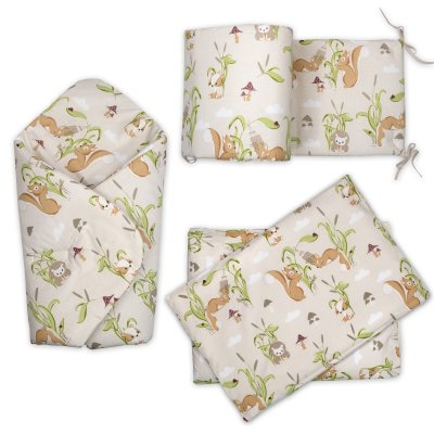 Baby Nellys 3D Mantinel s povlečením + zavinovačka zdarma, Veverky, béžová, šedá