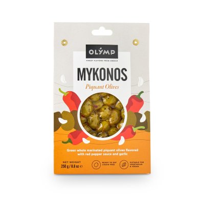Olymp Zelené olivy s peckou s chilli a česnekem vakuované 250 g