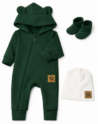 Baby Nellys Rostoucí oteplený overál s čepičkou a botičkami, 3D - tm. zelený