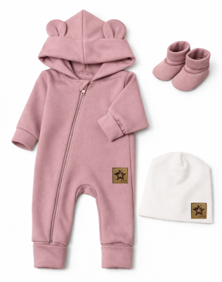 Baby Nellys Rostoucí oteplený overál s čepičkou a botičkami, 3D - pudrově růžová, vel. 80/86