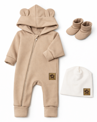 Baby Nellys Rostoucí oteplený overál s čepičkou a botičkami, 3D - béžový