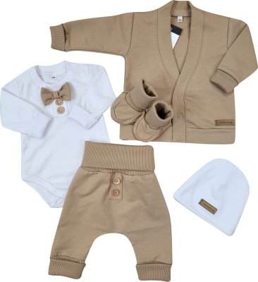 Kazum Bavlněná sada, body, kalhoty, motýlek a čepice Elegant Boy 5D,, mocca/bílá vel.  74