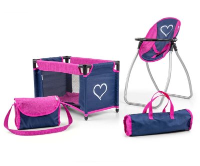 Milly Mally Sada pro panenky 5v1, postýlka, židlička a houpačka Elsa - granát, růžová