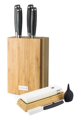 G21 Sada nožů Gourmet Damascus v bambusovém bloku 4 ks + brusný kámen