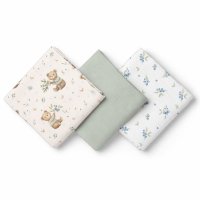 BocioLand Mušelínové pleny 3 ks 70 × 70 cm z jemné bavlny - zelené, Medvídek a borůvky