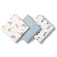 BocioLand Mušelínové pleny 3 ks 70 × 70 cm z jemné bavlny - modré, Auta a dinosauři