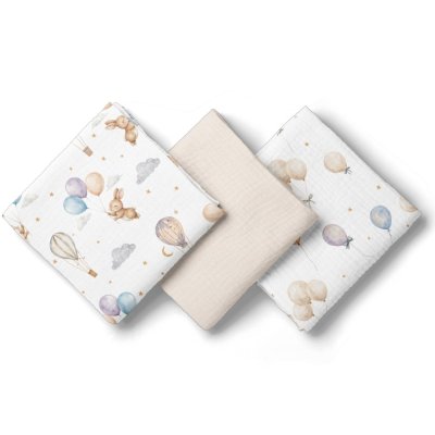 BocioLand Mušelínové pleny 3 ks 70 × 70 cm z jemné bavlny - béžové, Zajíček a balónky