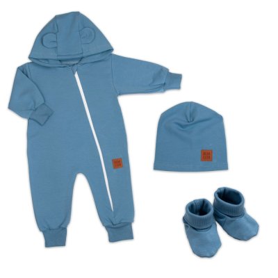 Baby Nellys Rostoucí teplákový overal pro miminko, čepice, botky, 3D, Nature - tm. modrý