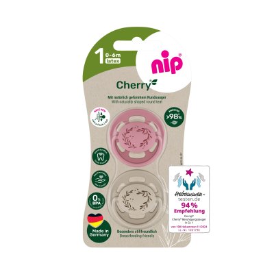 nip CHERRY NATURE line šidítko, kaučuk,velikost 1 (0-6m), 2ks, red/brown