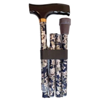 SUNDO Skládací podpůrná hůl s dřevěnou rukojetí, 85 - 95 cm, květinová modrá