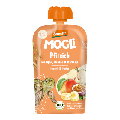 MOGLi BIO Broskvová kapsička s jablkem, banánem, marakujou a ovesnými vločkami 100 g