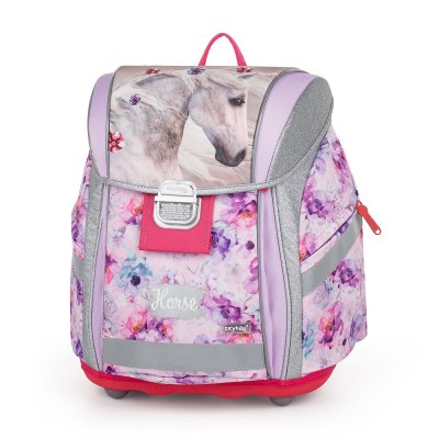 Oxybag Školní batoh PREMIUM LIGHT kůň a květiny, růžovo-fialový